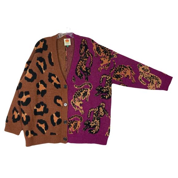 NWOT FARM RIO Cardigan M Oversized Wild-Leopards&Animal-Print Fuchsia-Pink&Brown - Picture 2 of 12